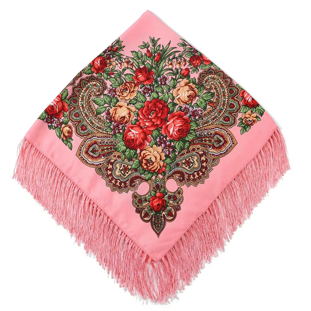 Rétro bohème écharpe florale femme luxe National vent frangé foulards carrés Hijab Babushka tête enveloppement voyage châle mouchoir