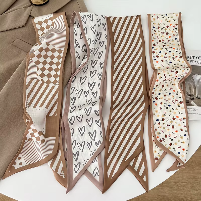 Haute qualité kaki couleur nue série foulard en soie bandeau ruban attaché cheveux Long arc Vintage Satin