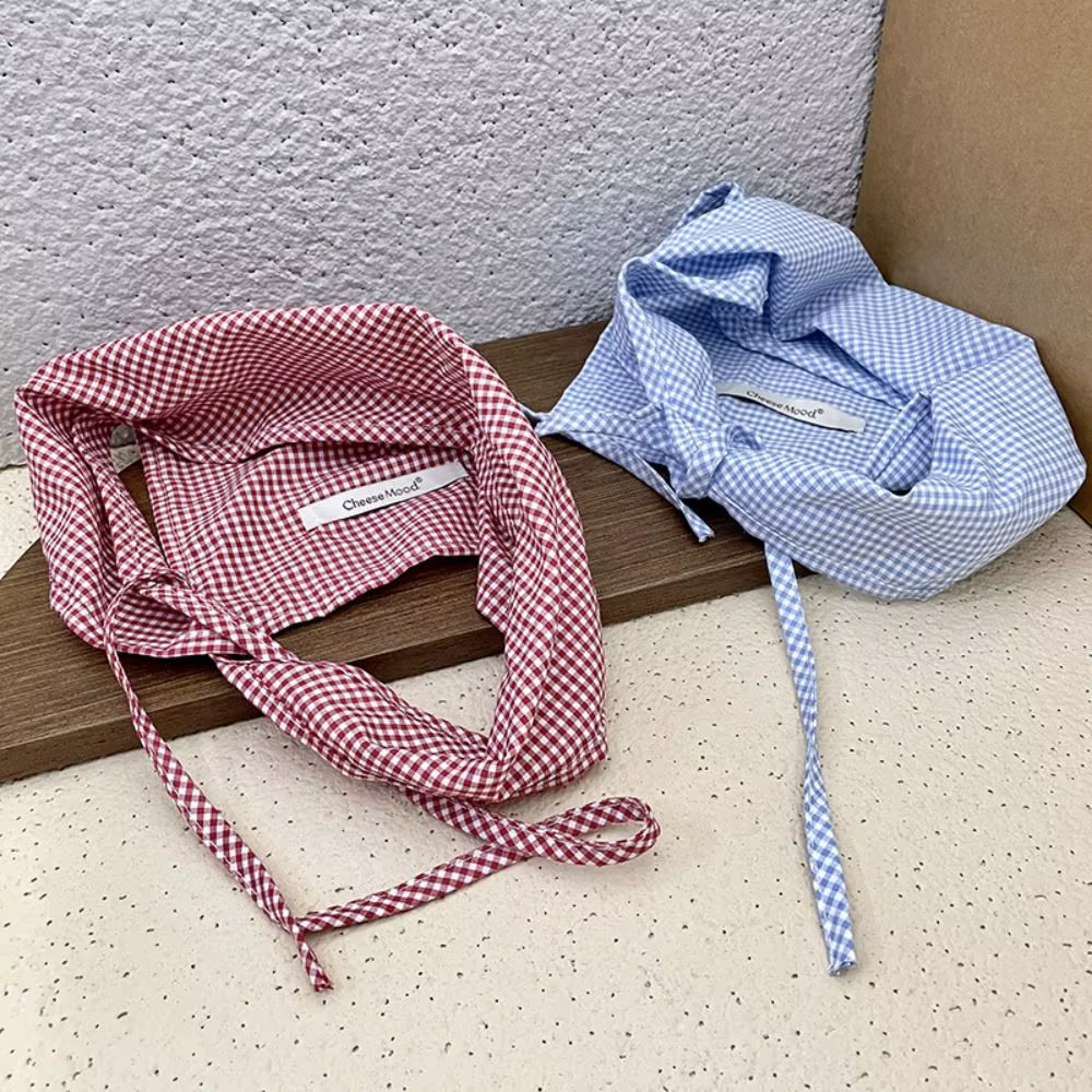 Foulard Cheveux Rouge Vintage Bohème Bandana Bleu Doux Triangle Réglable Style Pastoral à Carreaux pour Femme