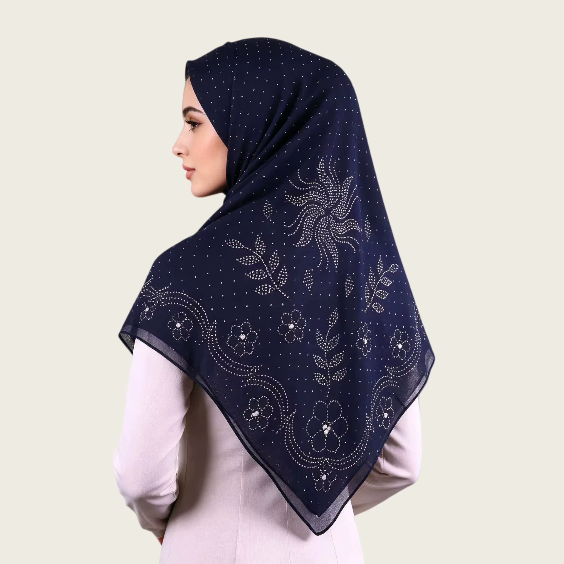 Foulard carré musulman pour femme 105x105cm, Hijab arabe en mousseline de soie perlée, Voile islamique ethnique avec épingle offerte
