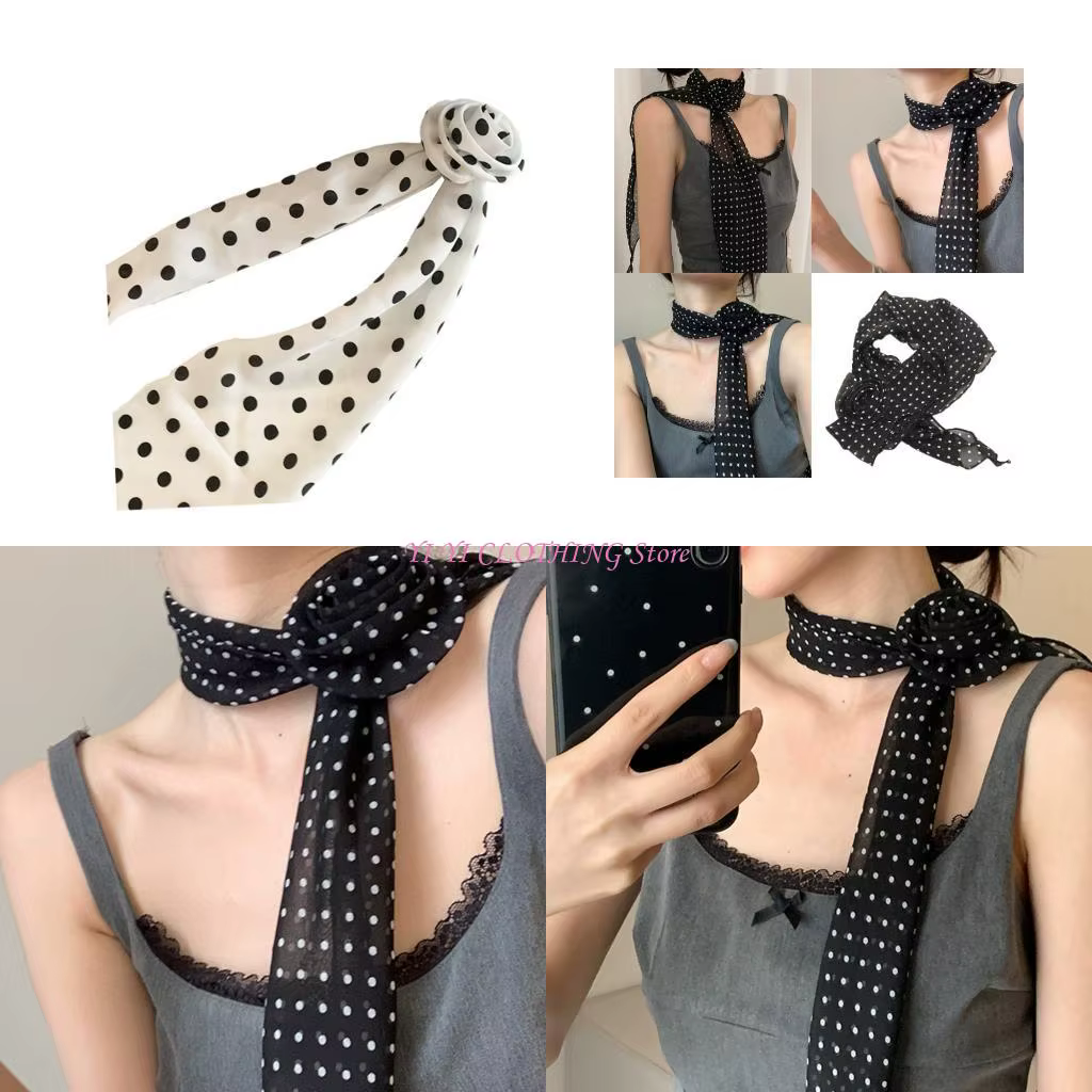 Écharpe longue et étroite à pois ronds et décorations florales