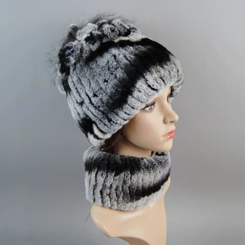 Ensemble Chapeau et Écharpe en Vraie Fourrure de Lapin Rex pour Femme