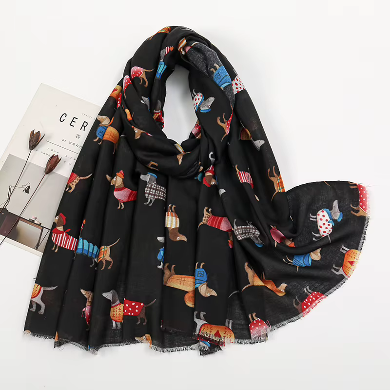 Écharpe en Viscose à Motif de Chien et Chat pour Femme Musulmane