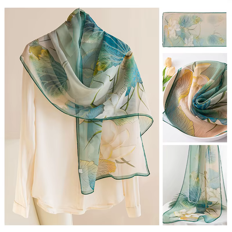 Pure soie longue écharpe haut de gamme sensation été mince imprimé châle femmes foulard