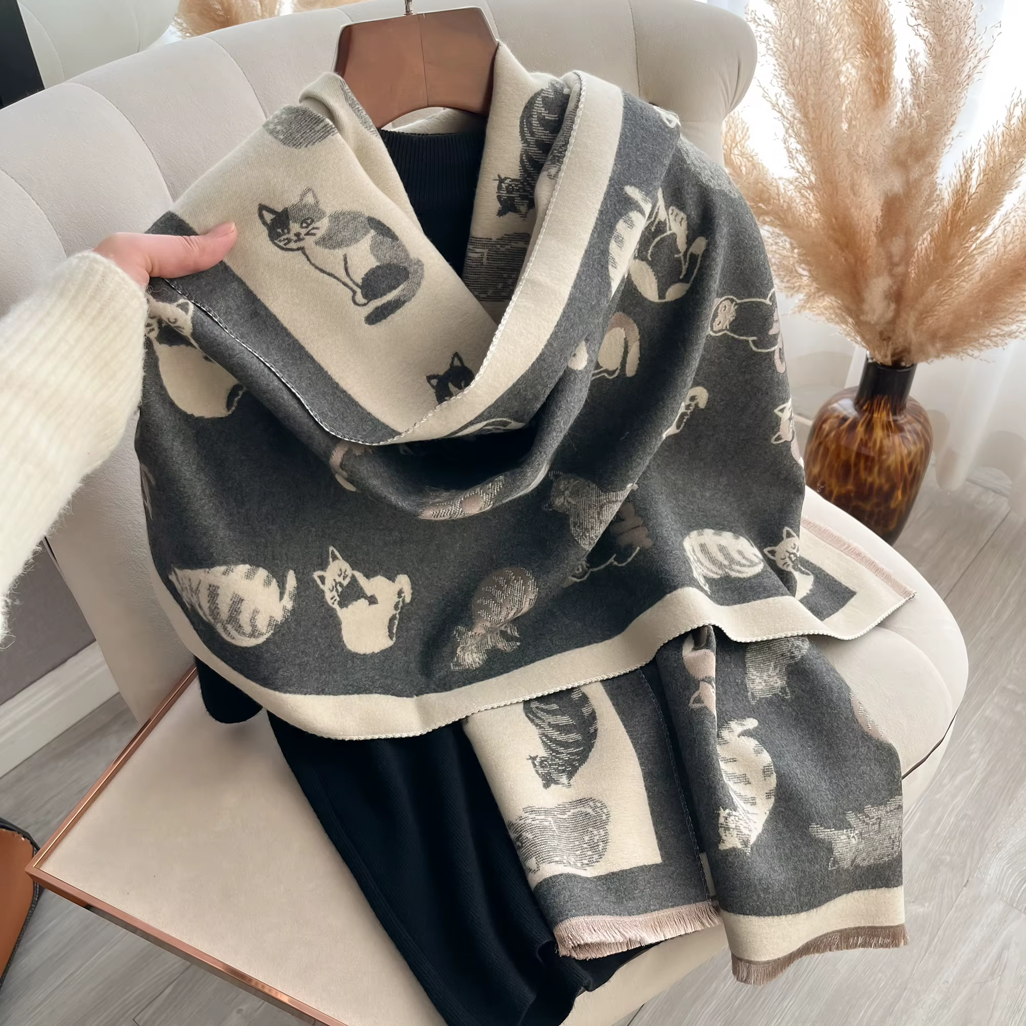 Femmes dernière Animal Jacquard chat écharpe Imitation cachemire doux chaud frange châle automne hiver résistant au froid coupe-vent couverture 2025