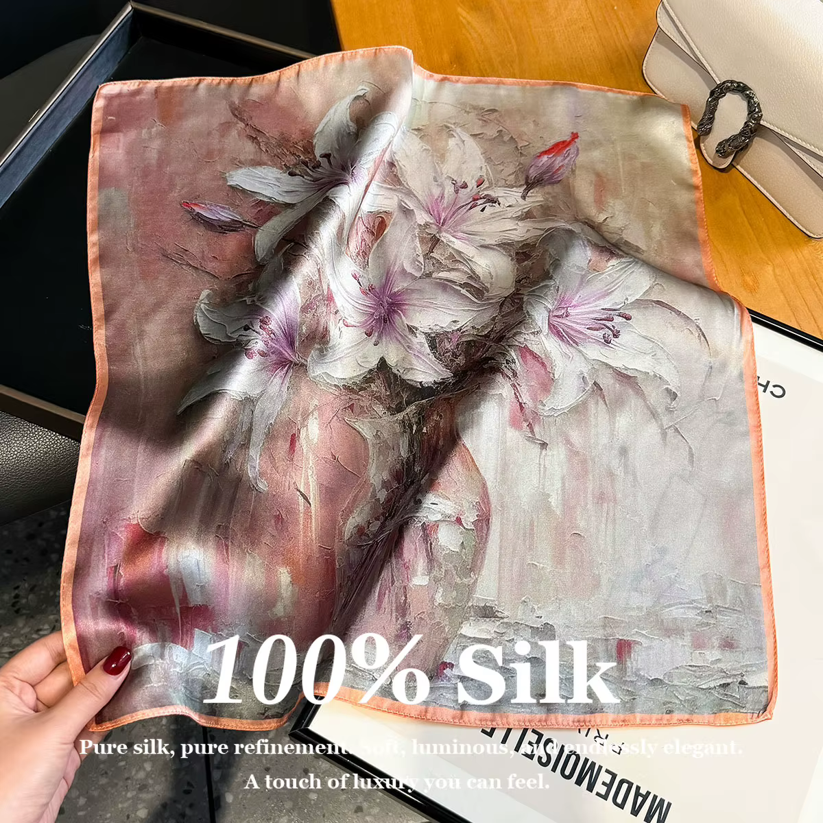 Foulard carré en soie véritable pour femme