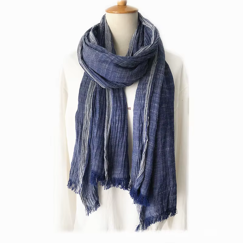 Coton lin hommes écharpe automne hiver noir marine rayé gland foulards