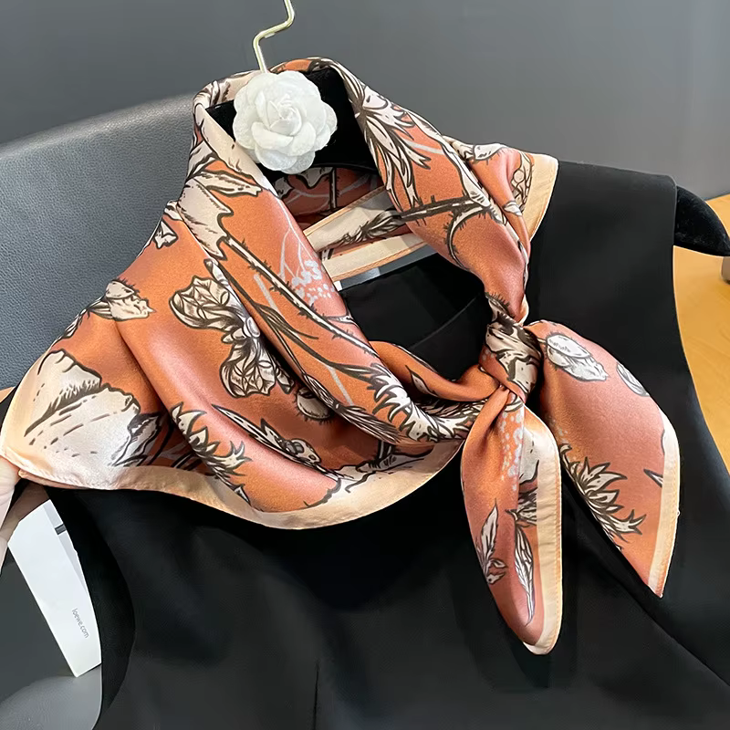 Bandeau de cheveux imprimé Rose Orange 100% Foulard en soie véritable femmes Design foulards de cou carré