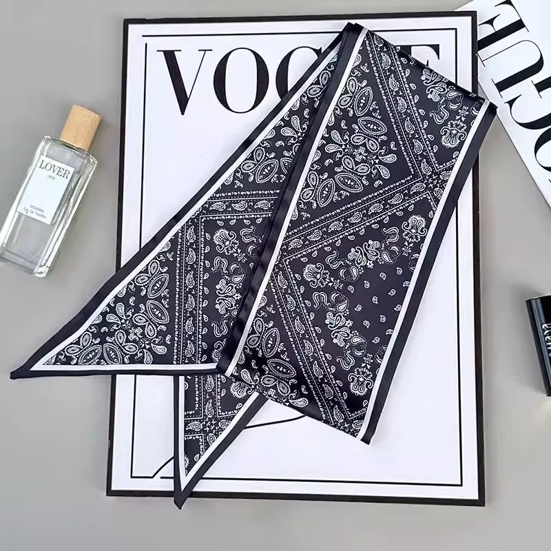Nouveau style : Foulard en soie noir longue cravate pour femme