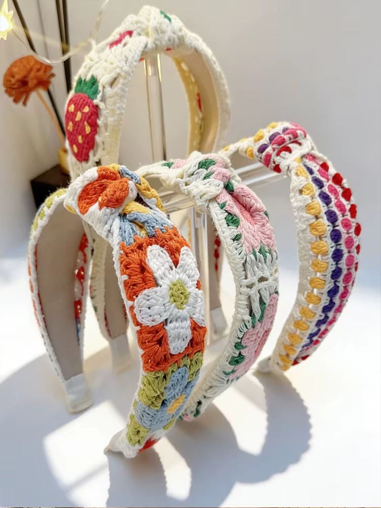 1 bandeau au crochet de style bohème fait main – Bord large avec motif floral à carreaux et fraises