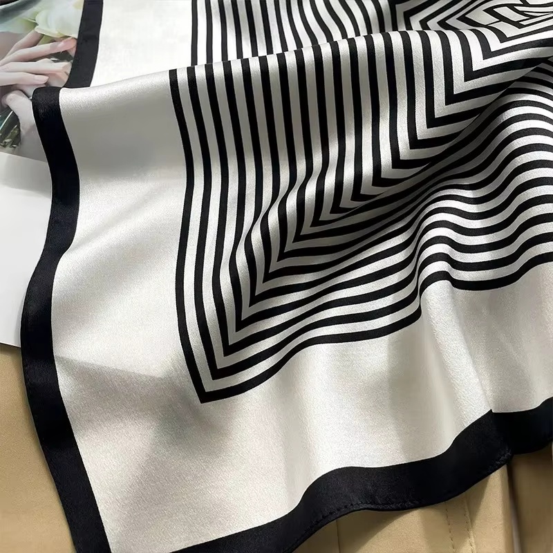 Femmes 100% foulard en soie de mûrier noir blanc rayé foulards carré