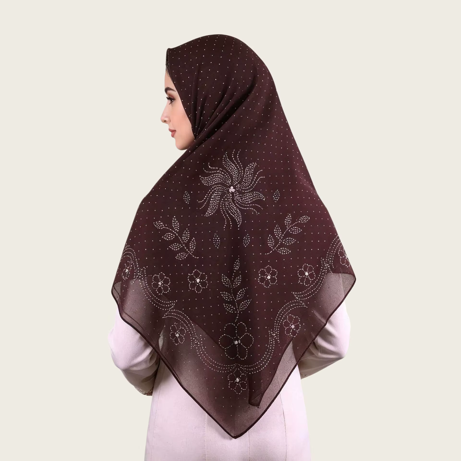 Foulard carré musulman pour femme 105x105cm, Hijab arabe en mousseline de soie perlée, Voile islamique ethnique avec épingle offerte