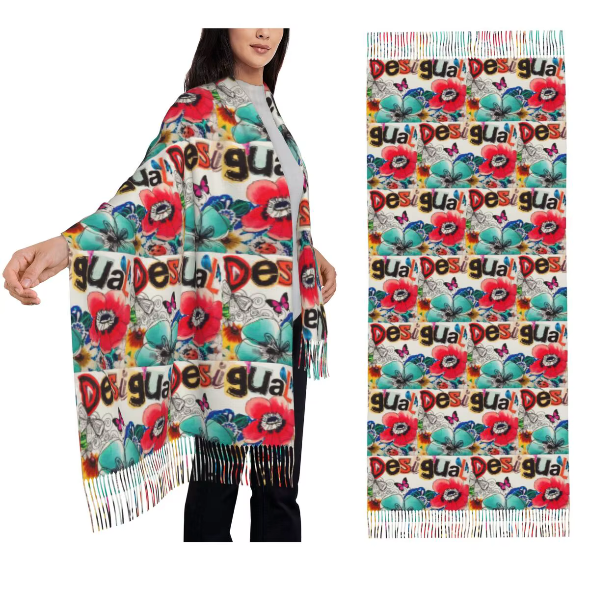 Desigual écharpe personnalisée gland foulards femmes doux chaud châles et enveloppes grand automne hiver châle Wrap