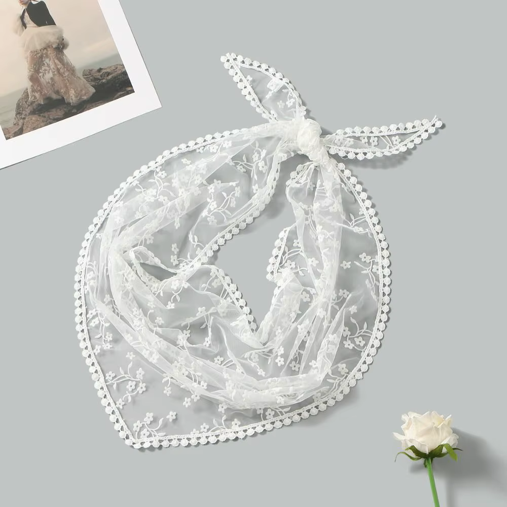 Nouveau Écharpe en dentelle ajourée broderie mince rideau de pet Vintage couleur unie Foulard Bandana femmes