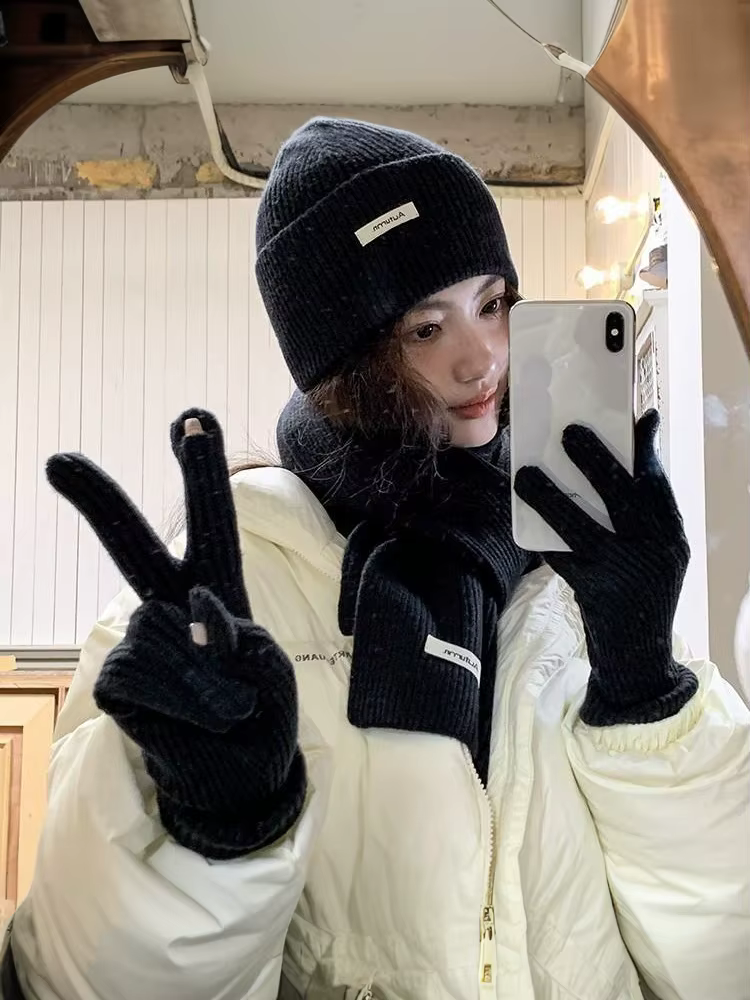 Écharpe d'hiver tricotée femme couleur unie chapeau