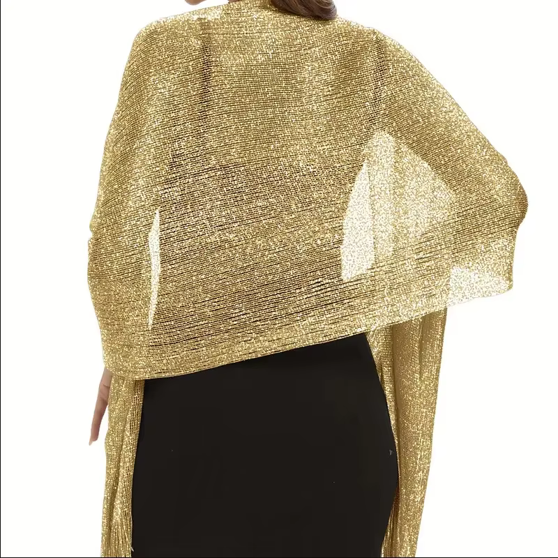 Écharpe en dentelle dorée et argentée brillante avec pompons