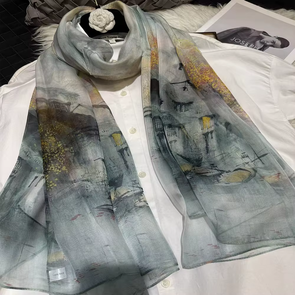 Gris blanc 100% soie châle écharpe femmes mode nouveau Design Floral longues écharpes enveloppes été