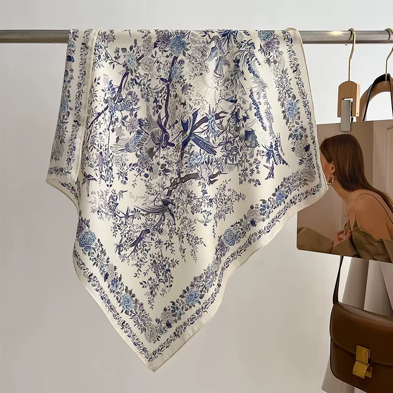 1 pièce Foulard carré en soie imprimé feuilles de 70 cm pour femme