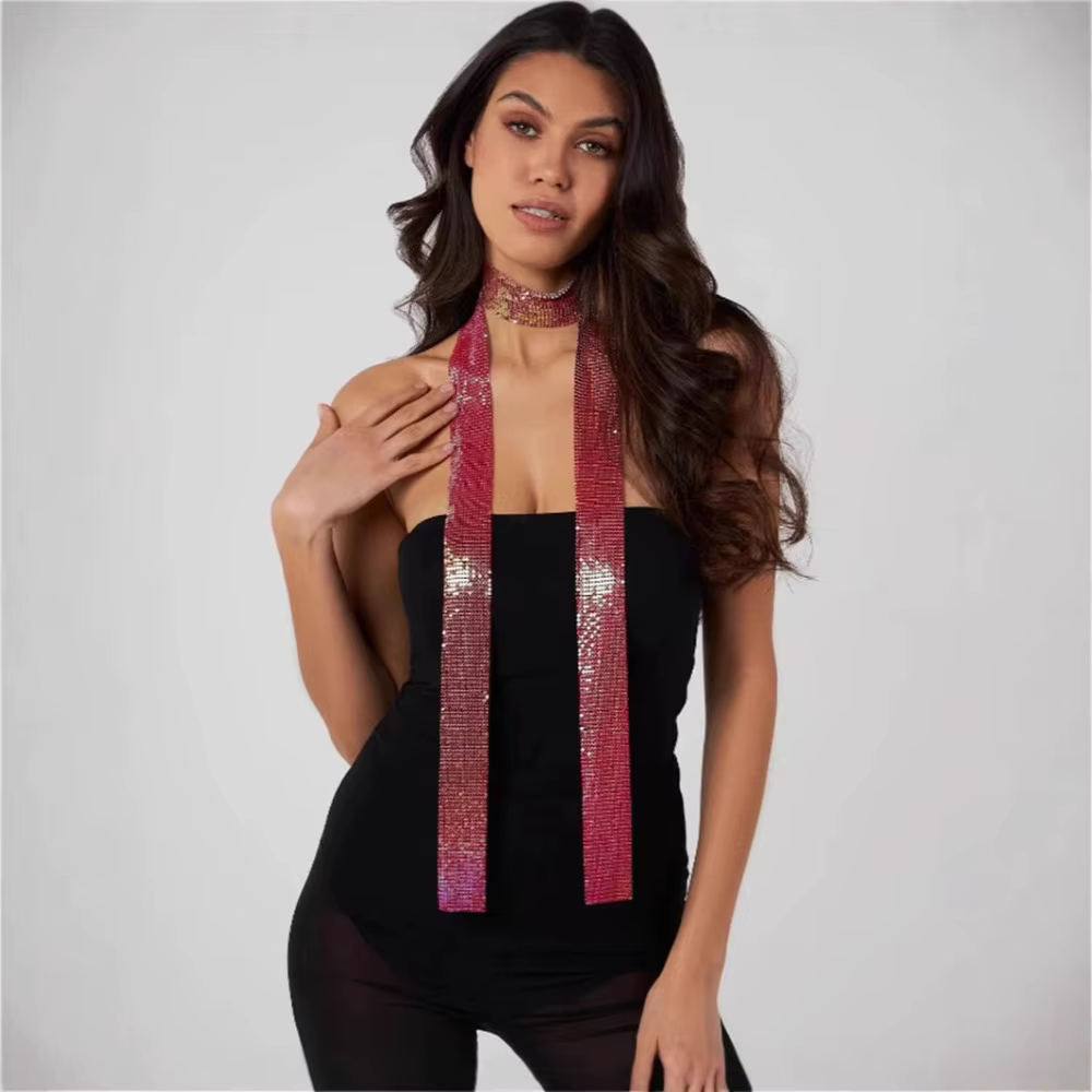 Mode esthétique paillettes écharpe Punk longue mince scintillant Bling foulard en alliage d'aluminium Sexy