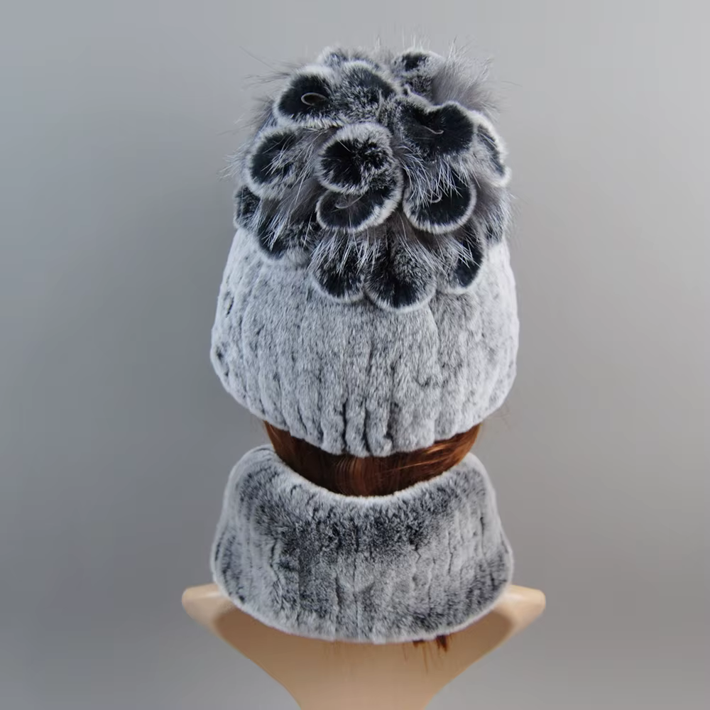 Ensemble Chapeau et Écharpe en Vraie Fourrure de Lapin Rex pour Femme