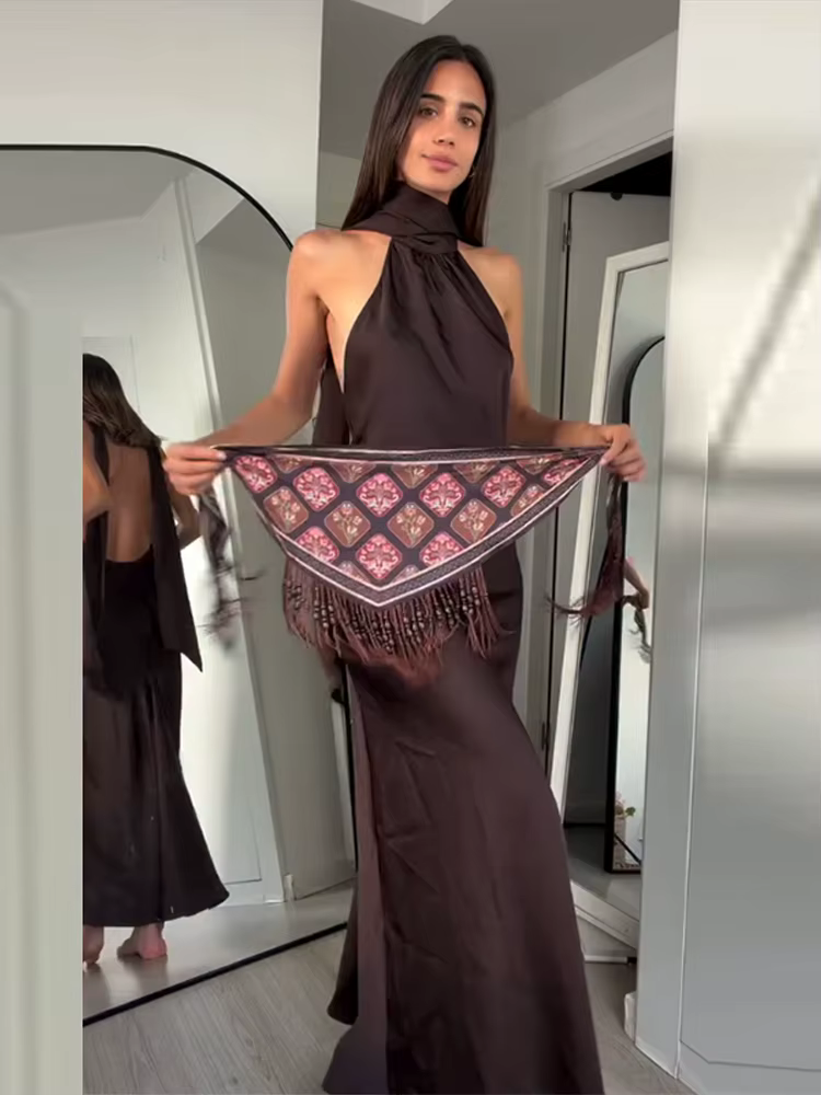 Foulard triangulaire imprimé à pampilles et perles pour femme