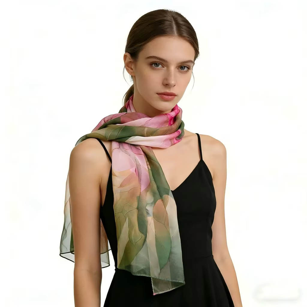 Écharpe en mousseline imprimé lotus - Foulard léger en georgette pour femme