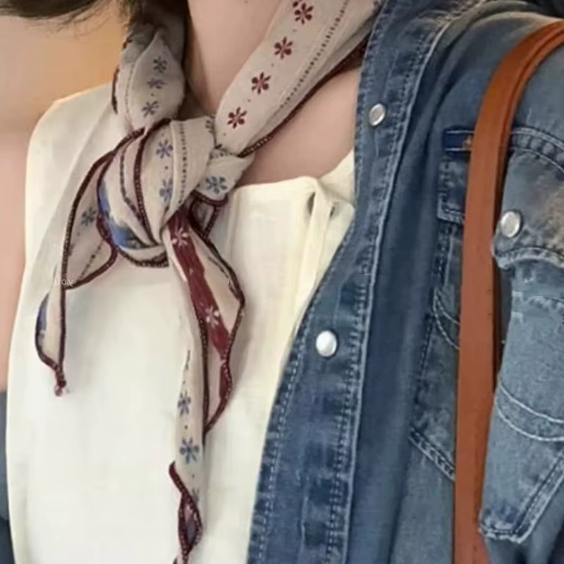 Femmes Vintage Floral rayé écharpe respirant coton lin mélange Triangle cou foulard Boho Chic bandeau et collier