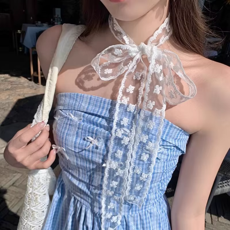 Élégant foulard long coréen en dentelle avec nœud 2-en-1