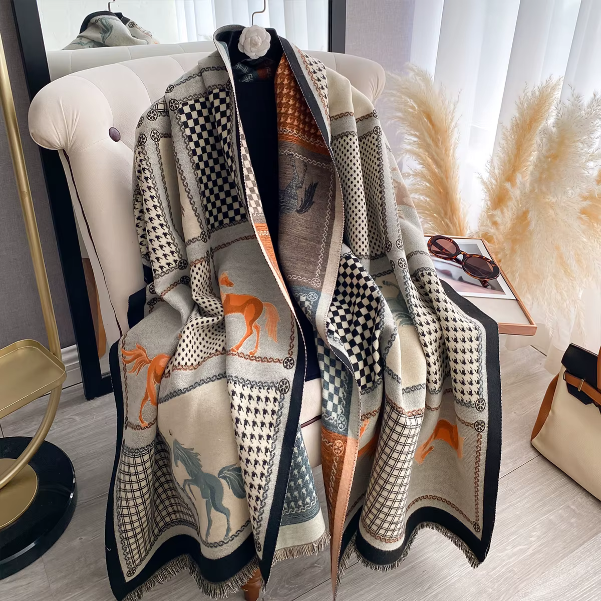 Nouvelle marque de luxe écharpe Jacquard double face cachemire doux chaud frange Pashmina le cheval châle hiver couverture coupe-vent résistante au froid