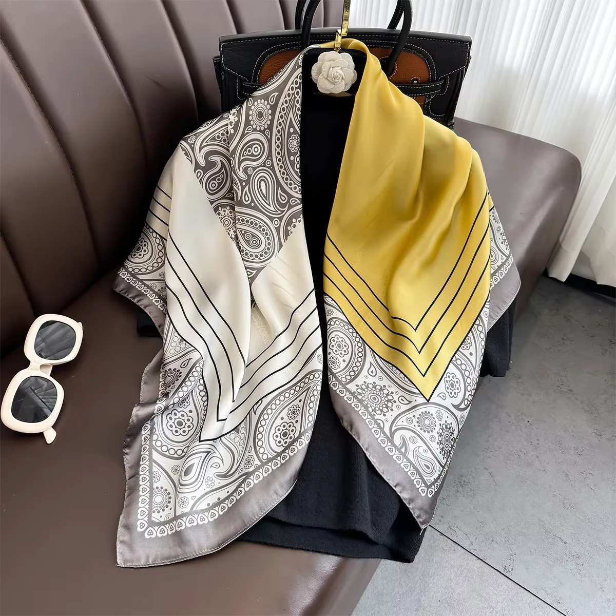 90*90 cm Foulard carré rétro cajou imprimé fleuri foulards en soie femmes cou