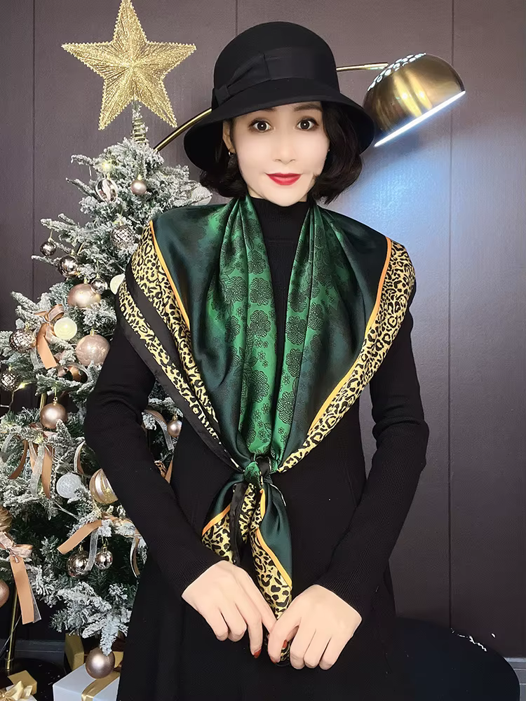 [BYSIFA] nouveau foulard en soie vert émeraude femmes marque léopard imprimé foulards carrés 90*90 cm accessoires de