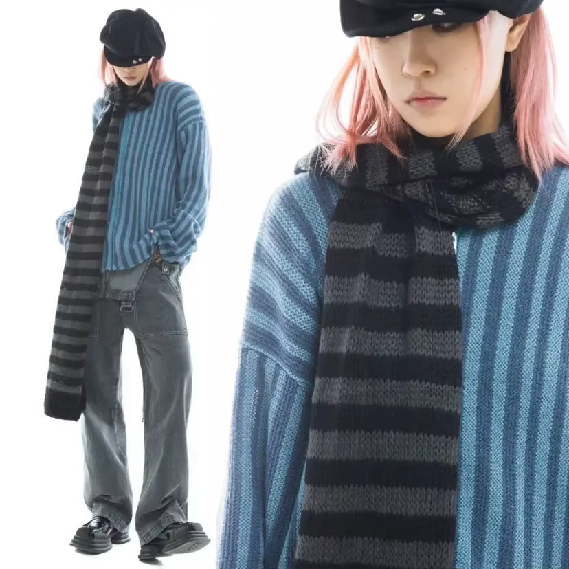 KOSAHIKI 2026 Y2k Girl Long Scarves Korean Japanese Basic Scarf Gothic Stripe Women Unisex Harajuku Knitted Neckerchief