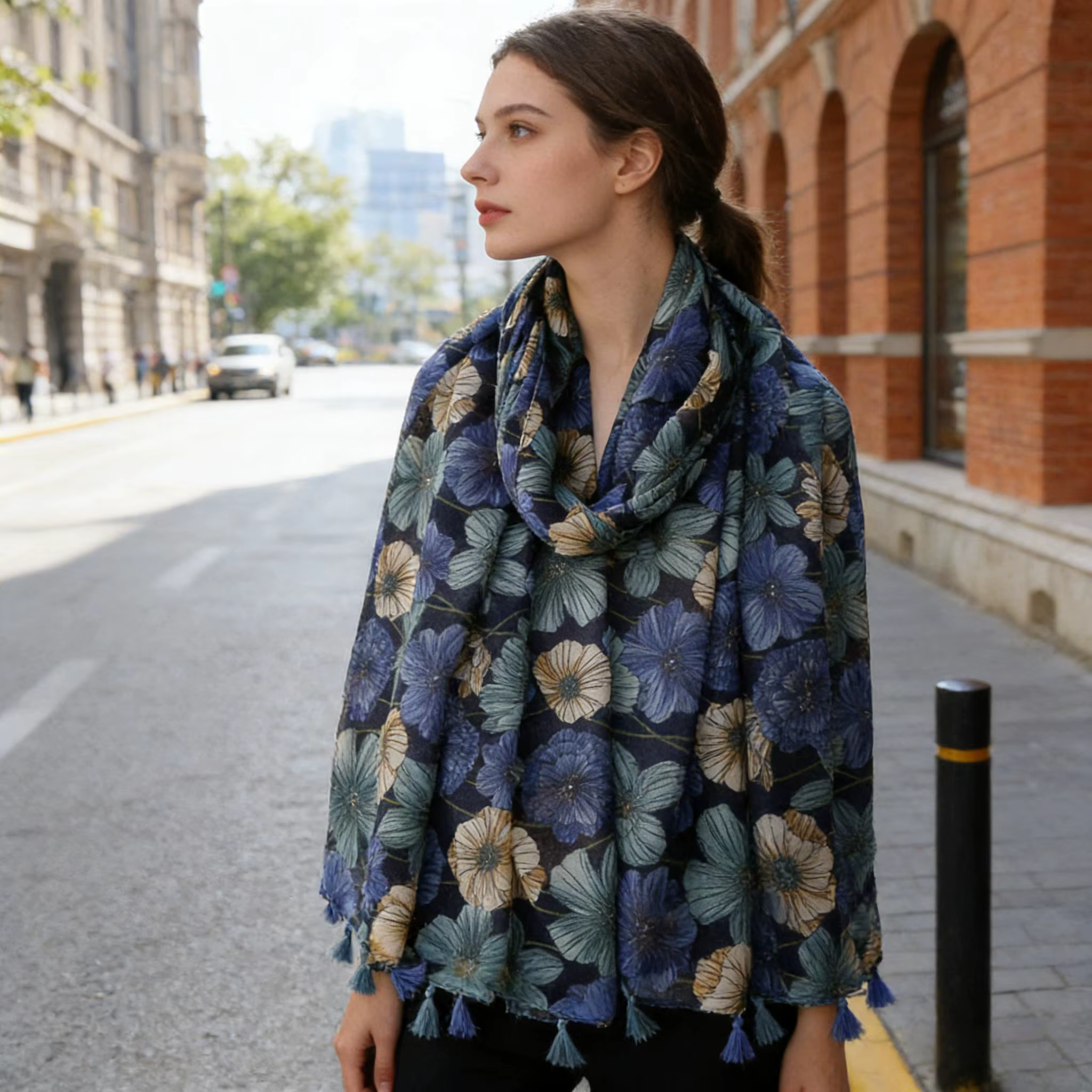 Écharpe florale bleu marine et beige pour femme