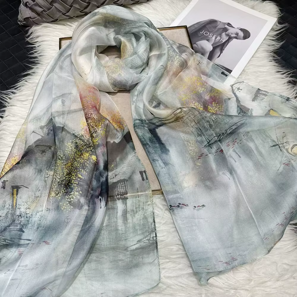 Gris blanc 100% soie châle écharpe femmes mode nouveau Design Floral longues écharpes enveloppes été