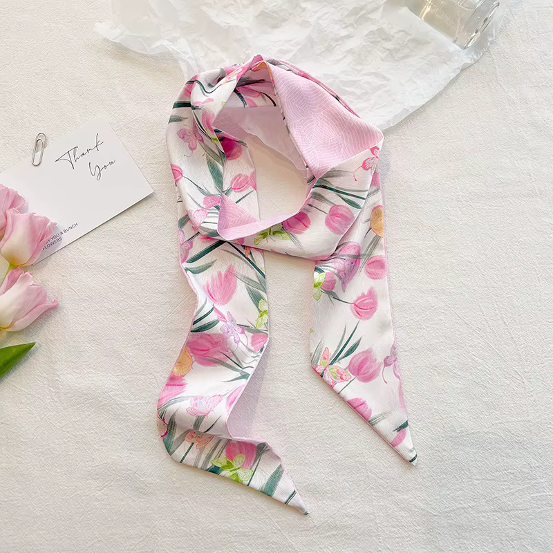 Écharpe décorative Rose longue bande Double face petit foulard en soie bandeau pour femme banderole de cheveux attachée