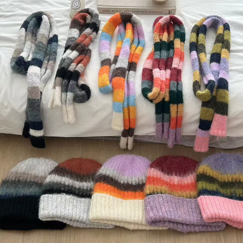 Ensemble de bonnets et écharpe arc-en-ciel rayés pour femmes et hommes