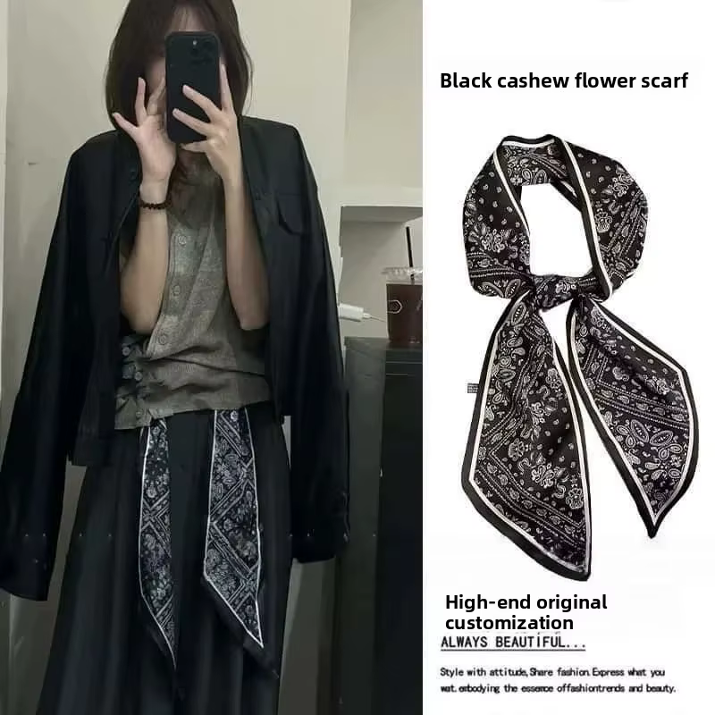Nouveau style : Foulard en soie noir longue cravate pour femme