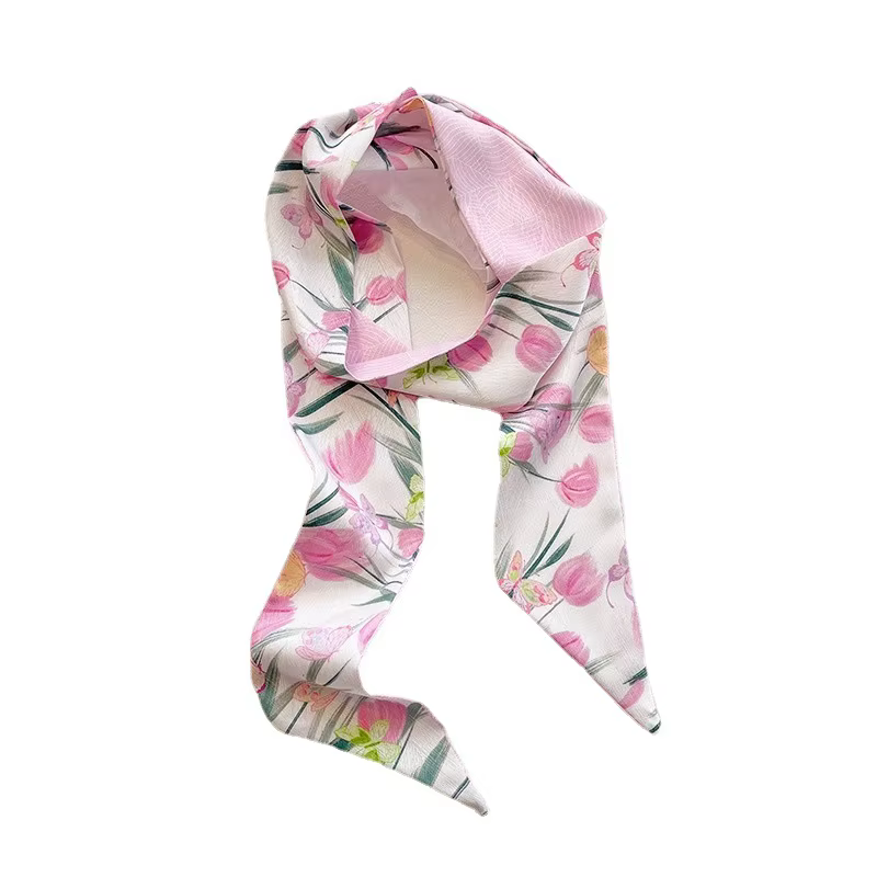 Écharpe longue double face à motif floral rose pour femme