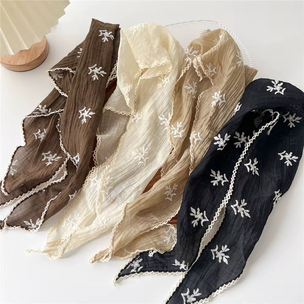 2024 nouveau petit foulard carré châles Decora lin coton dentelle Triangle écharpe été Floral cheveux
