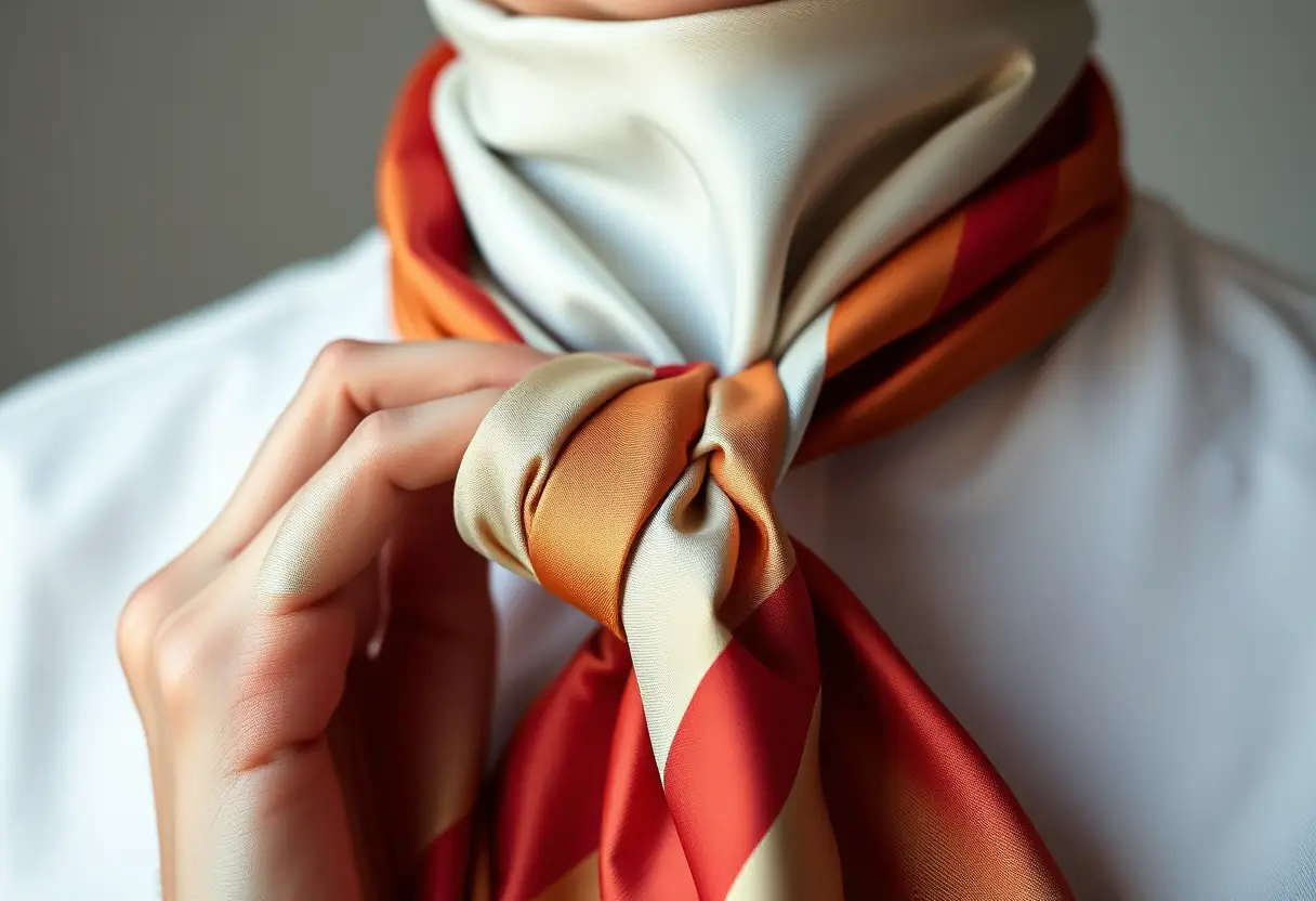 Une main ajuste délicatement un foulard de soie pour former un nœud papillon classique