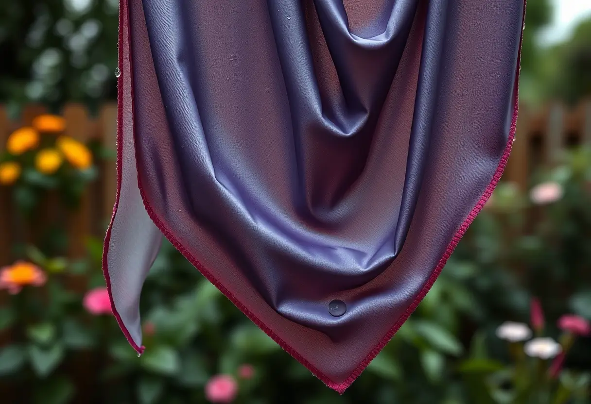 Un plan rapproché d'un carré de foulard en soie pendu sur une corde à linge dans un jardin, gouttes d'eau brillant sur sa surface après une pluie légère