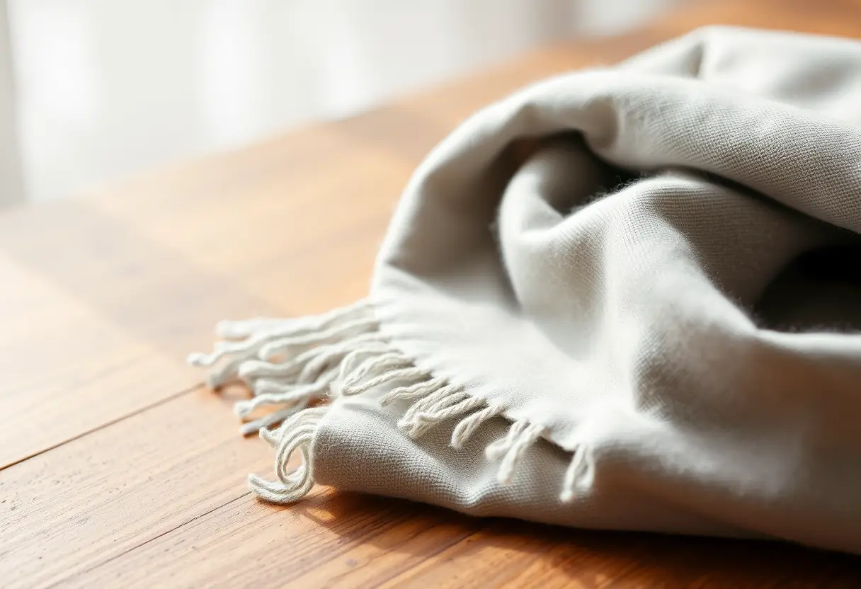 Un foulard en cachemire posé sur une table en bois, soulignant sa douceur