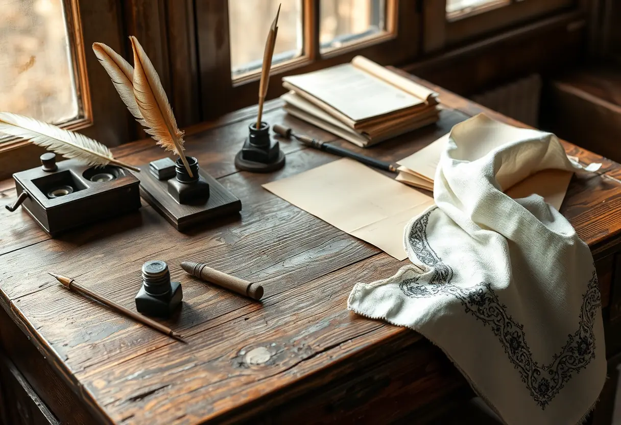 Un bureau en bois ancien couvert de plumes, encriers et parchemins, avec un bandana blanc en coton posé sur le bord