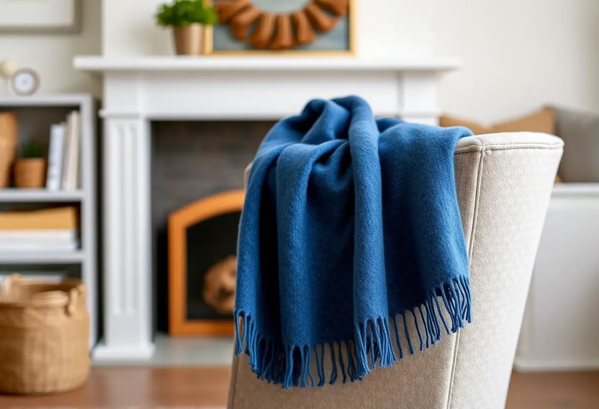Un foulard bleu en cachemire sur un fauteuil dans un salon chaleureux