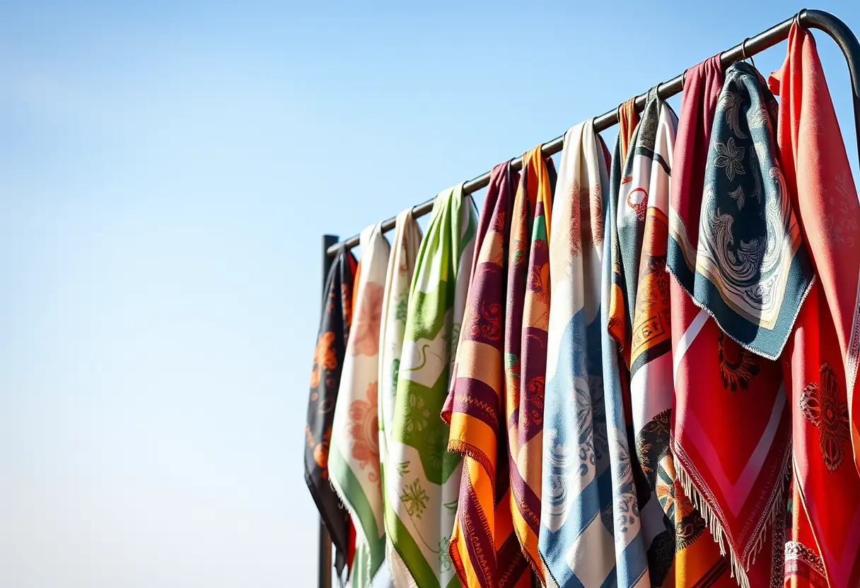Un porte-manteau présentant divers carrés de foulards en coton et en satin, éclairés par la lumière du ciel
