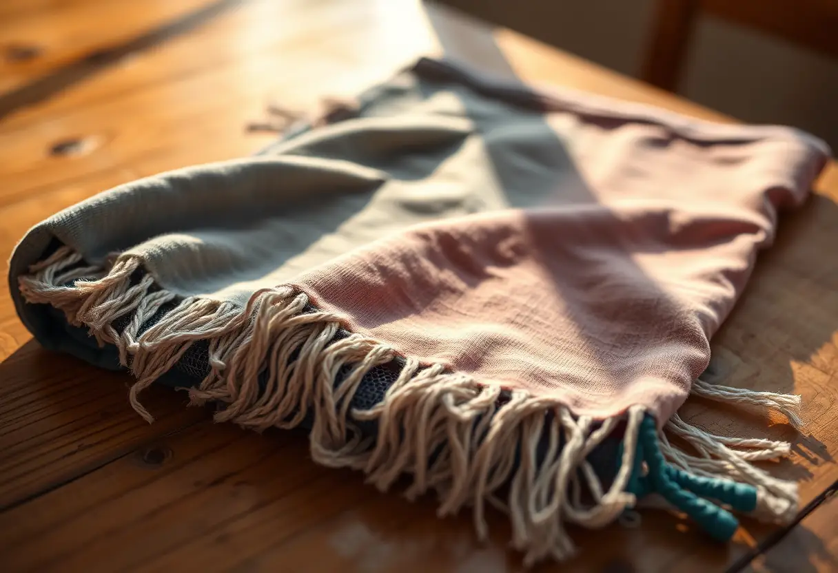 Foulard en coton plié sur une table en bois sous la lumière du soleil