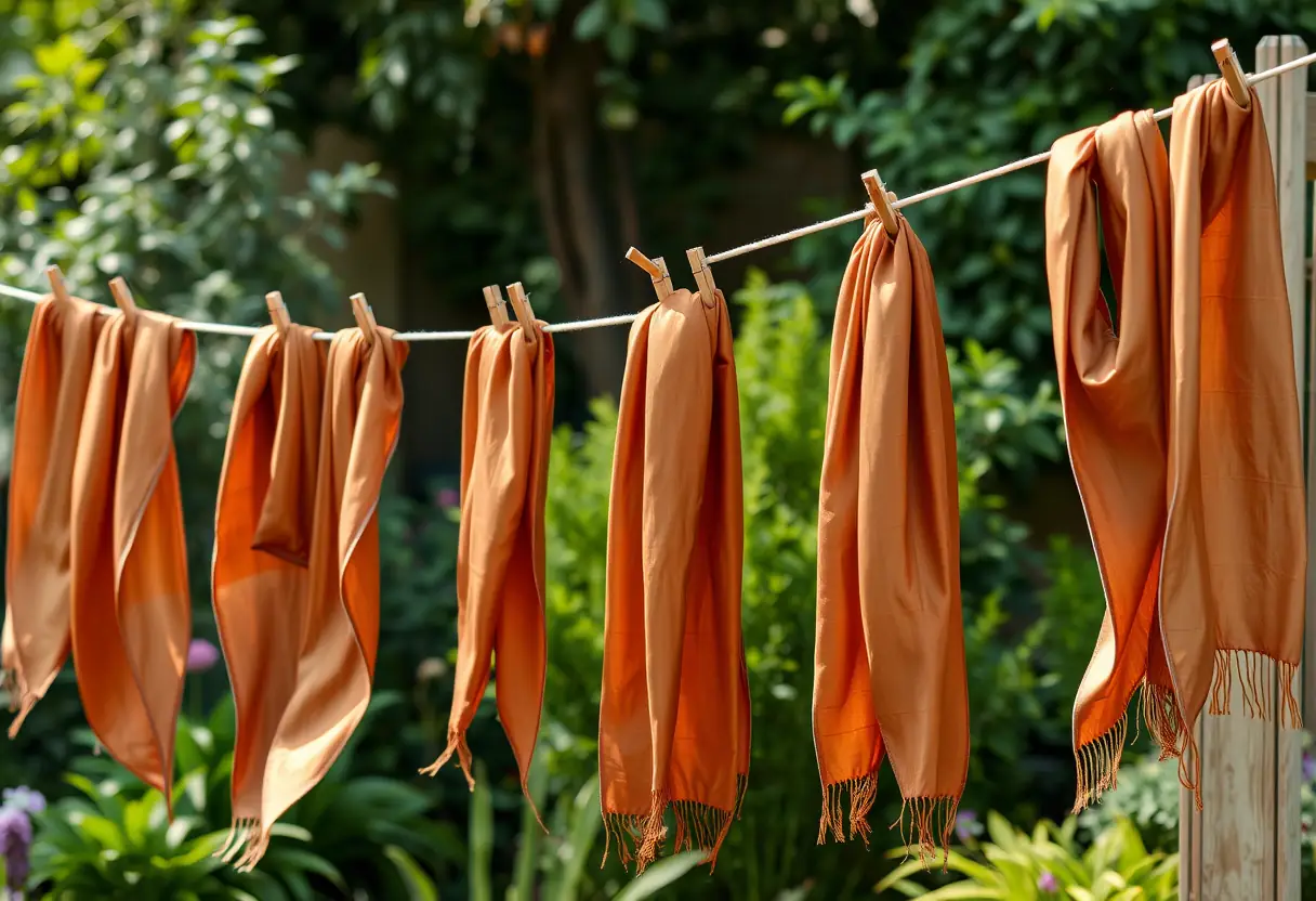 Des foulards marrons suspendus sur une corde à linge dans un jardin, entourés de verdure