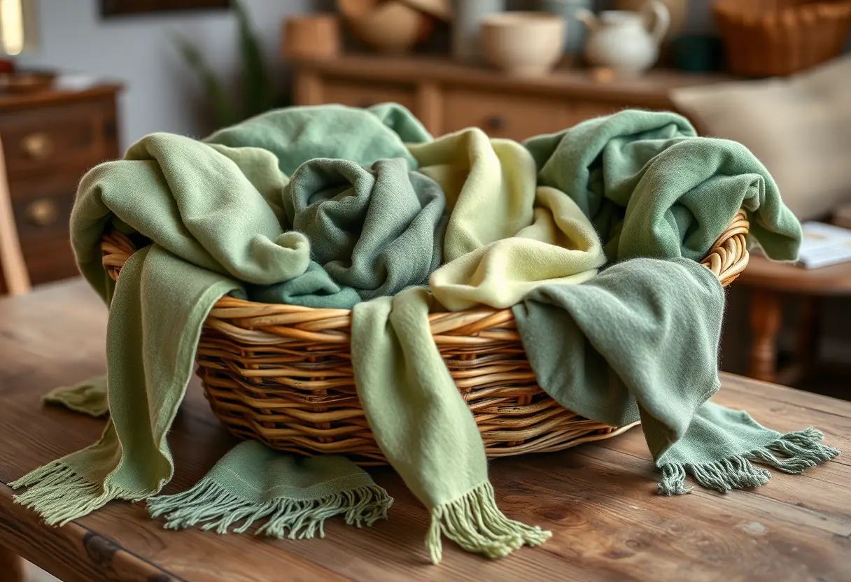 Un panier rempli de foulards verts posé sur une table rustique