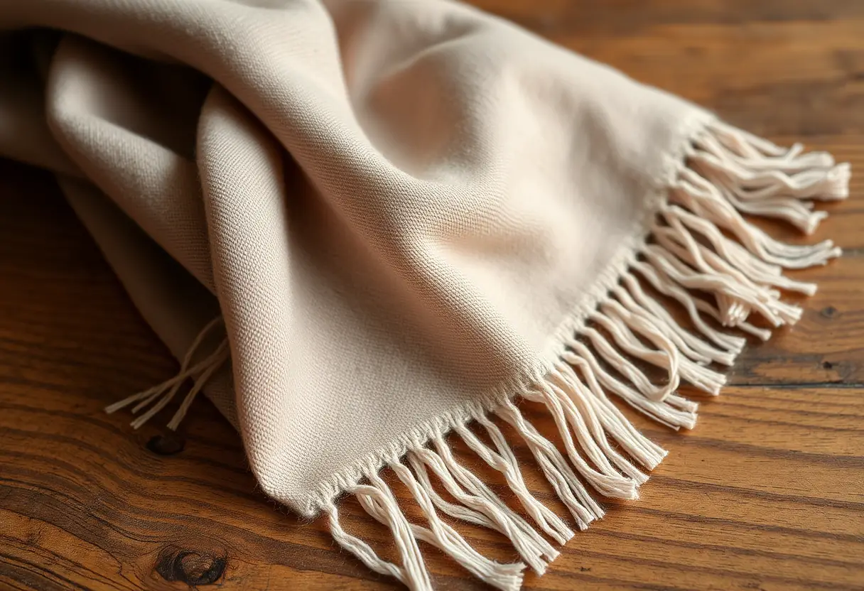 Un carré de foulard en cashmere posé sur une table en bois, les fibres brillent sous la lumière ambiant